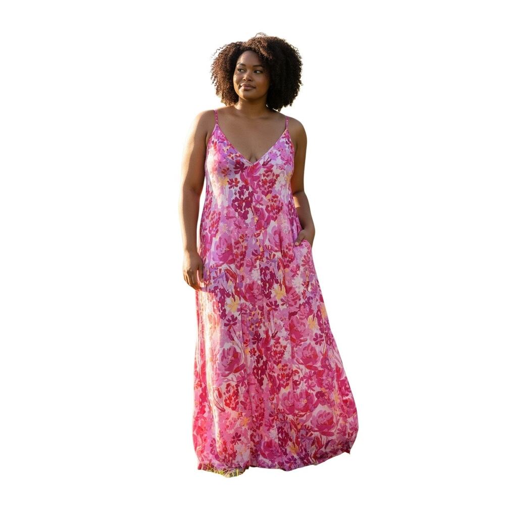 VAN WINKLE & CO. Hot Pink Floral Woven Satin V-Neck Sleeveless Maxi Chemise 3X